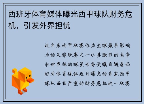 西班牙体育媒体曝光西甲球队财务危机，引发外界担忧
